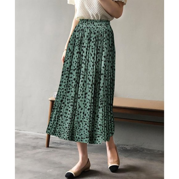 Women's Leopard Printed Midi Long Shirring High Waisted A Line Skirts - Green - Picture 5 of 7